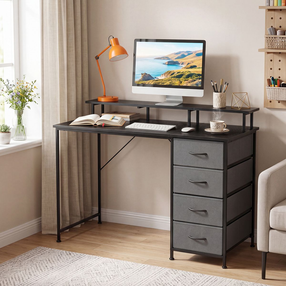 VIDITA - Escritorio 120cm Con Cajones Soporte Repisa Estructura Metálica