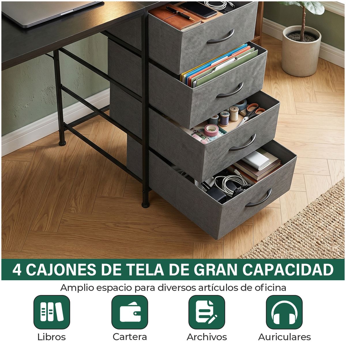 VIDITA - Escritorio 120cm Con Cajones Soporte Repisa Estructura Metálica