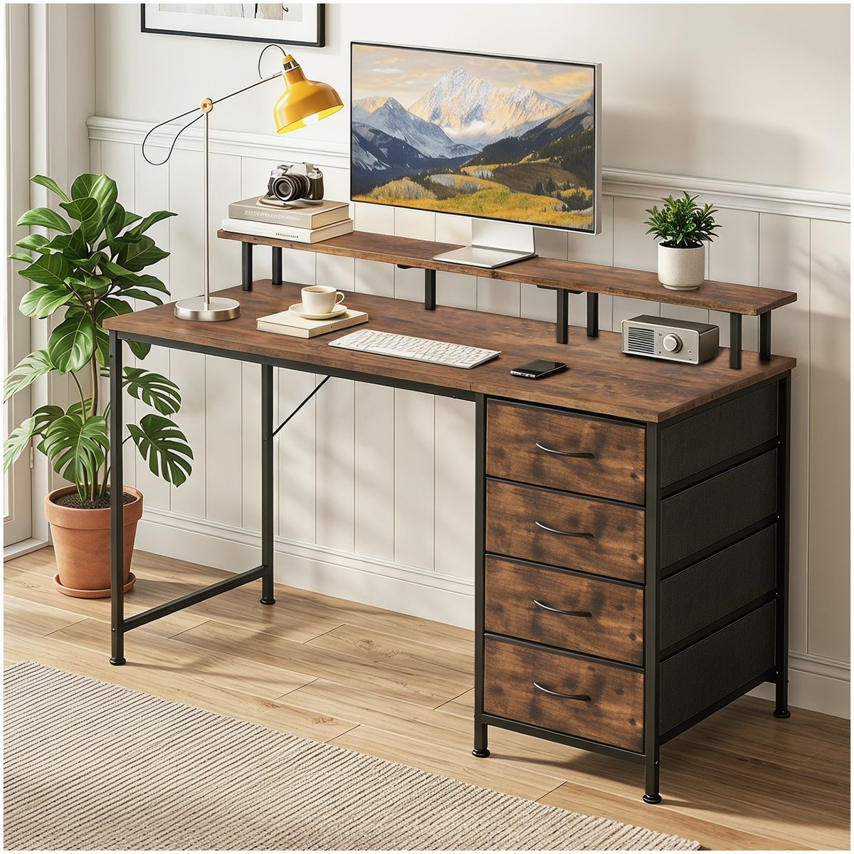 VIDITA - Escritorio 120 cm Con Cajones Soporte Repisa Para Monitor
