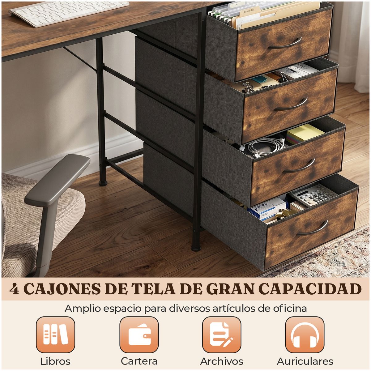 VIDITA - Escritorio 120 cm Con Cajones Soporte Repisa Para Monitor