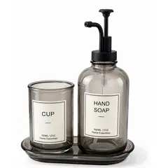 WAKESHOME - Set Dispensador De Jabón Y Vaso Vidrio Ahumado Para Baño