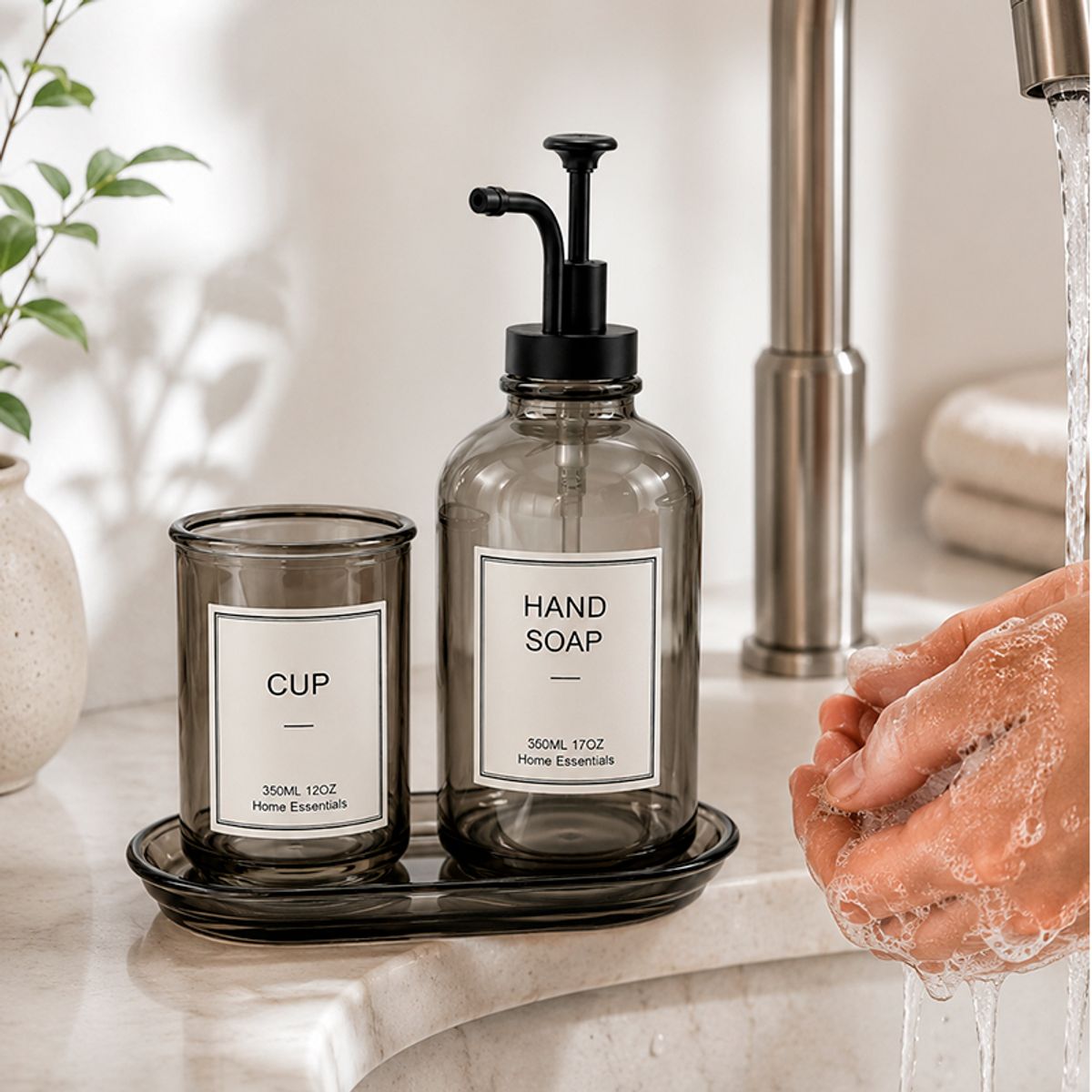 WAKESHOME - Set Dispensador De Jabón Y Vaso Vidrio Ahumado Para Baño