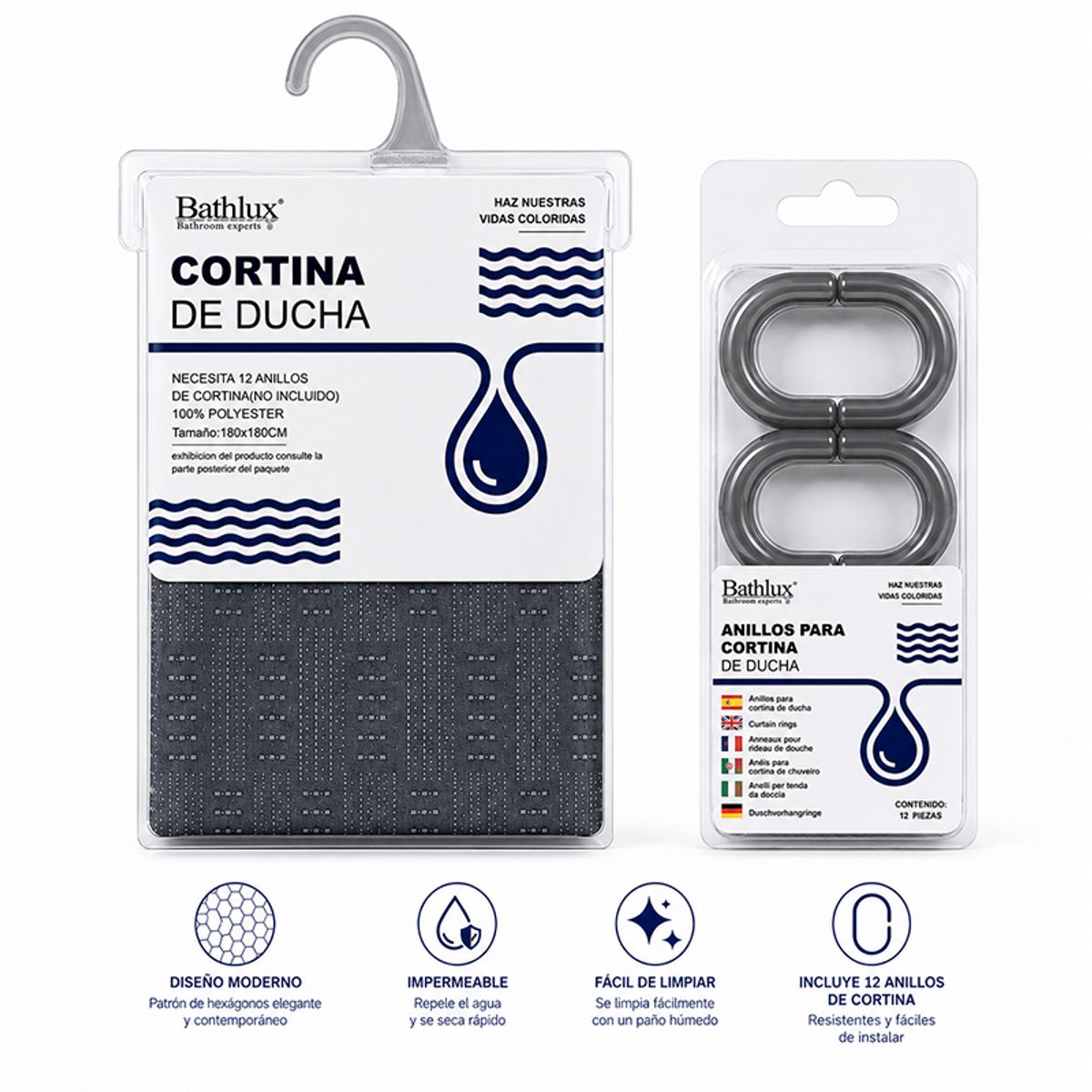 WAKESHOME - Cortina De Bano De Tela Impermeable 180*180cm + 12 Ganchos