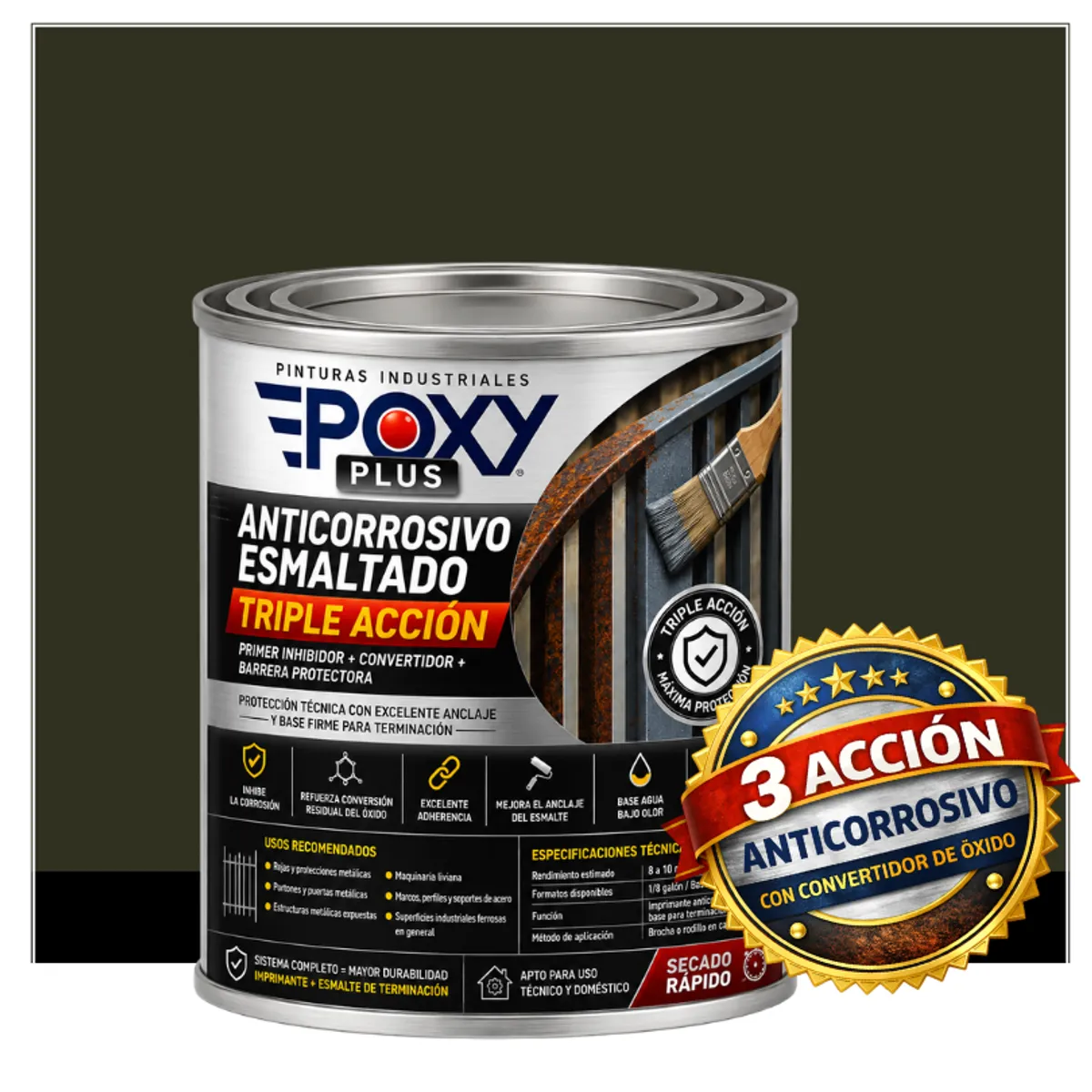 EPOXY - Anticorrosivo Profesional 3 en 1 - Directo sobre Óxido - 1-16 GALÓN -  VERDE MARRÓN