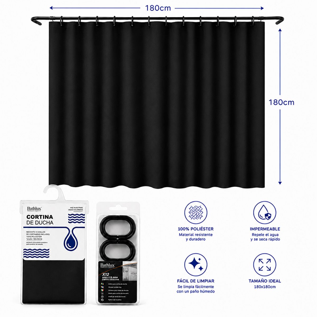 WAKESHOME - Cortina De Bano De Tela Impermeable 180*180cm + 12 Ganchos