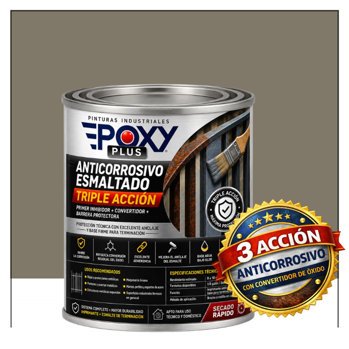 EPOXY - Anticorrosivo Profesional 3 en 1 - Directo sobre Óxido - 1-16 GALÓN -  GRIS PERLADO RATÓN