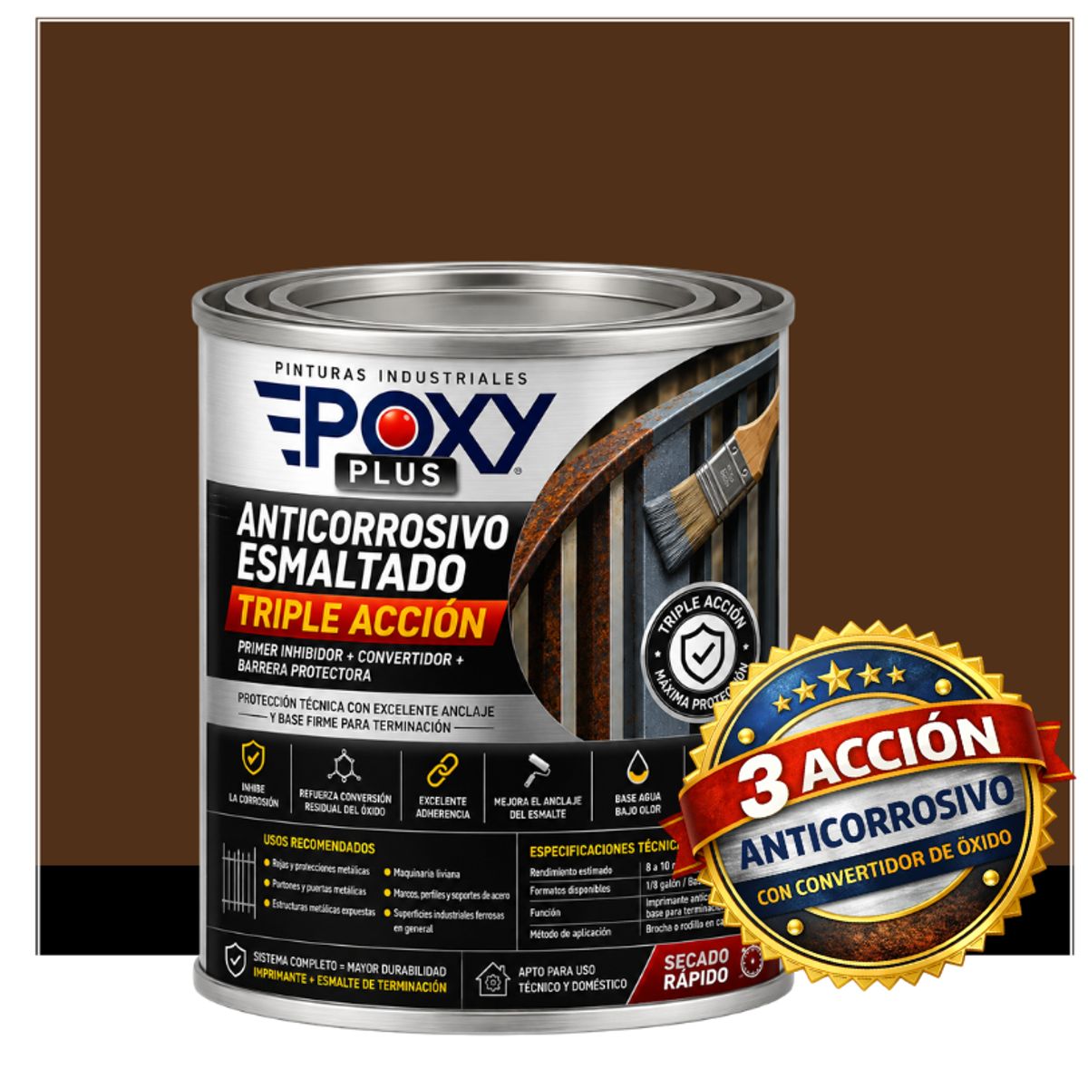 EPOXY - Anticorrosivo Profesional 3 en 1 - Directo sobre Óxido - 1-16 GALÓN -  MARRÓN NOGAL