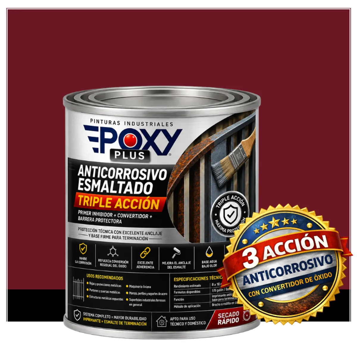 EPOXY - Anticorrosivo Profesional 3 en 1 - Directo sobre Óxido - 1-8 GALÓN - ROJO PÚRPURA