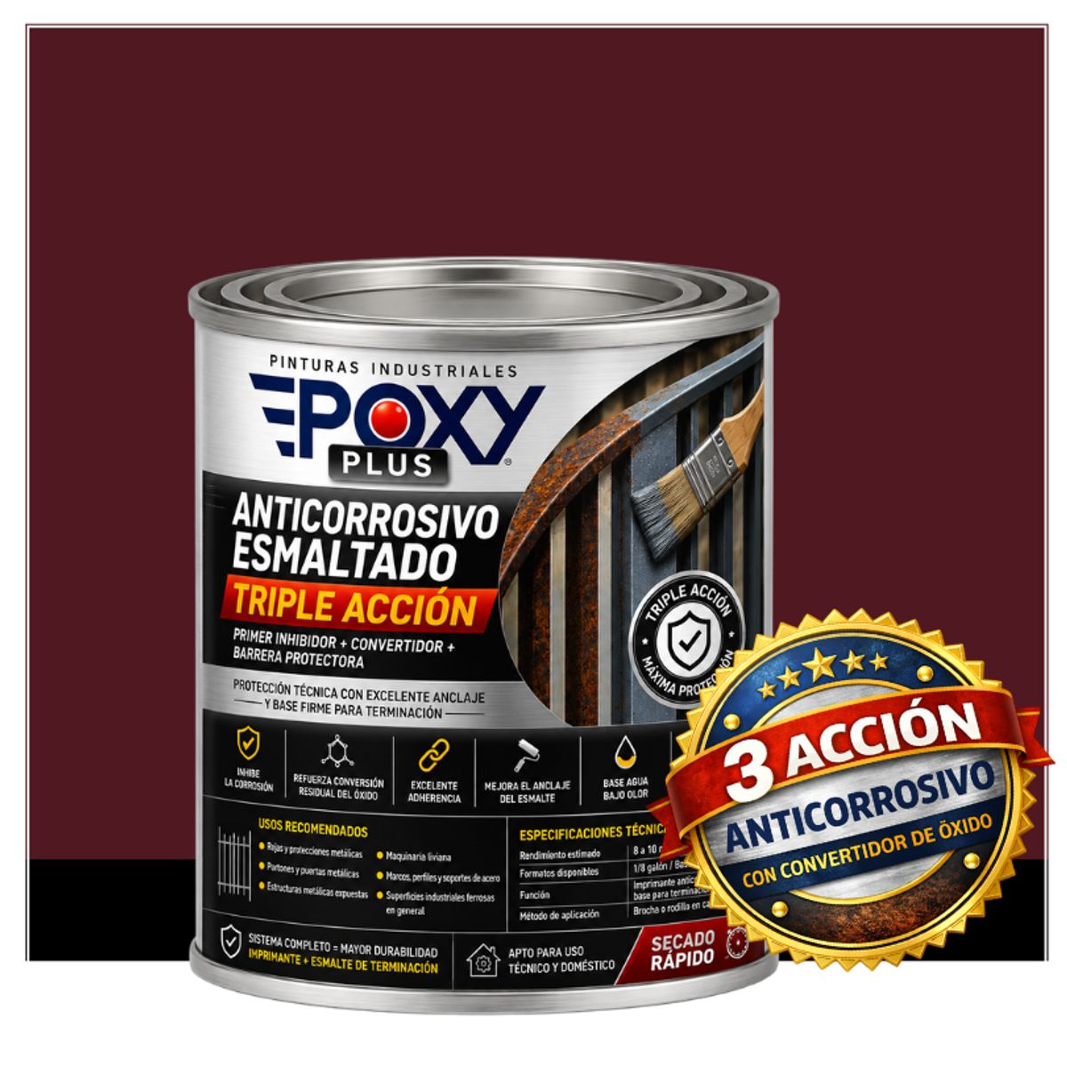 EPOXY - Anticorrosivo Profesional 3 en 1 - Directo sobre Óxido - 1-8 GALÓN -  ROJO VINO