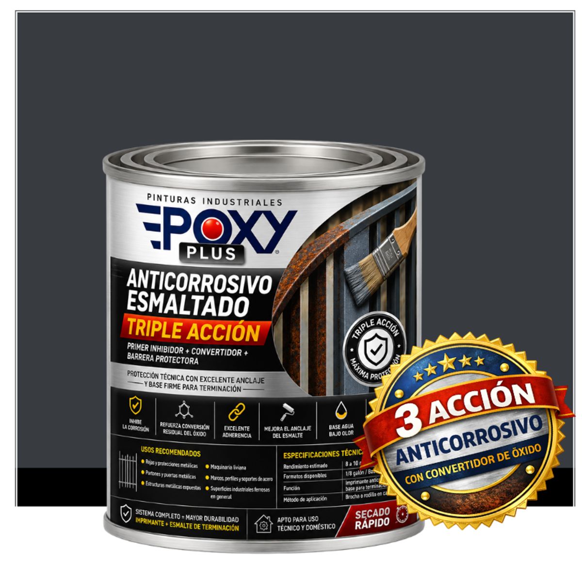 EPOXY - Anticorrosivo Profesional 3 en 1 - Directo sobre Óxido - 1-8 GALÓN -  GRIS ANTRACITA