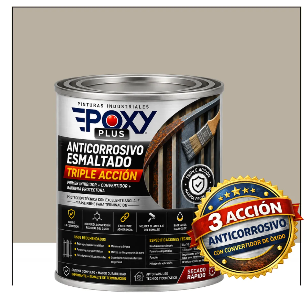 EPOXY - Anticorrosivo Profesional 3 en 1 - Directo sobre Óxido - 1-8 GALÓN -  GRIS SEDA