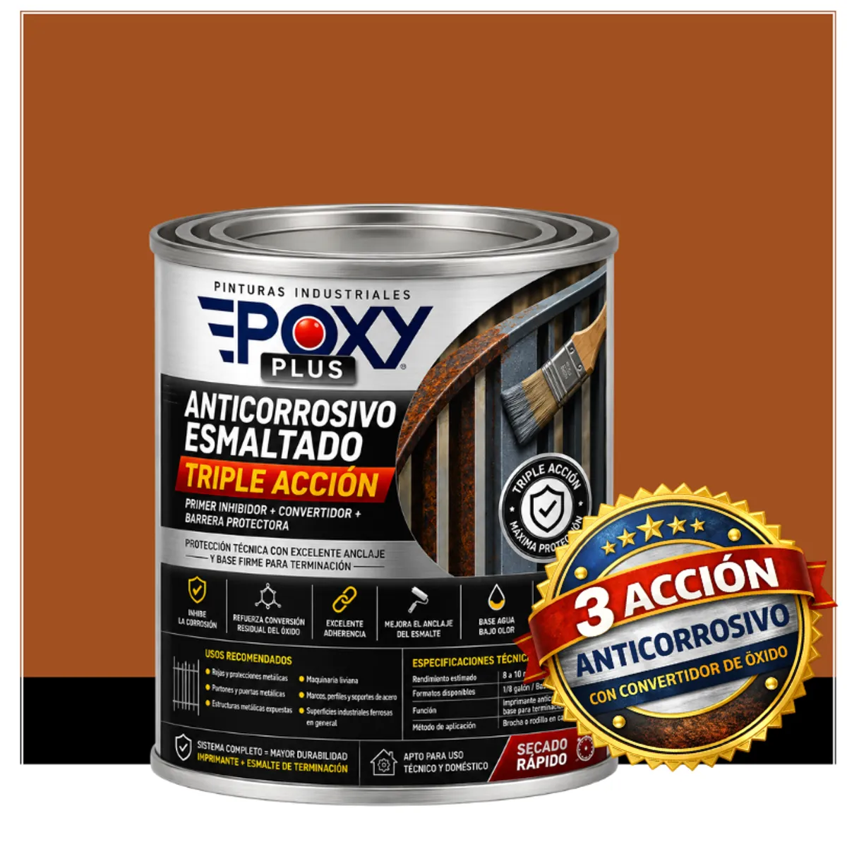 EPOXY - Anticorrosivo Profesional 3 en 1 - Directo sobre Óxido - 1-8 GALÓN -  MARRÓN NARANJA