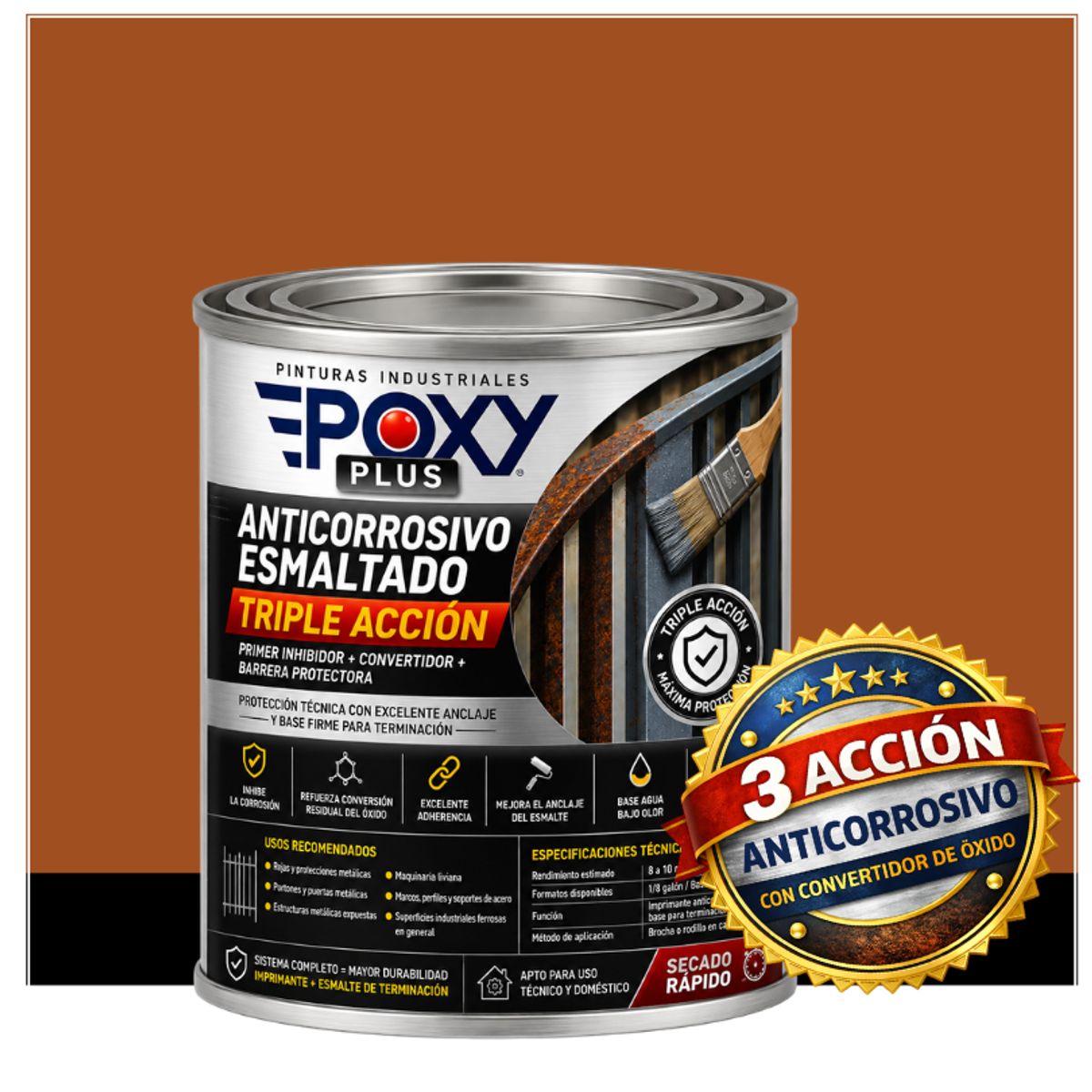 EPOXY - Anticorrosivo Profesional 3 en 1 - Directo sobre Óxido - 1-8 GALÓN -  MARRÓN NARANJA