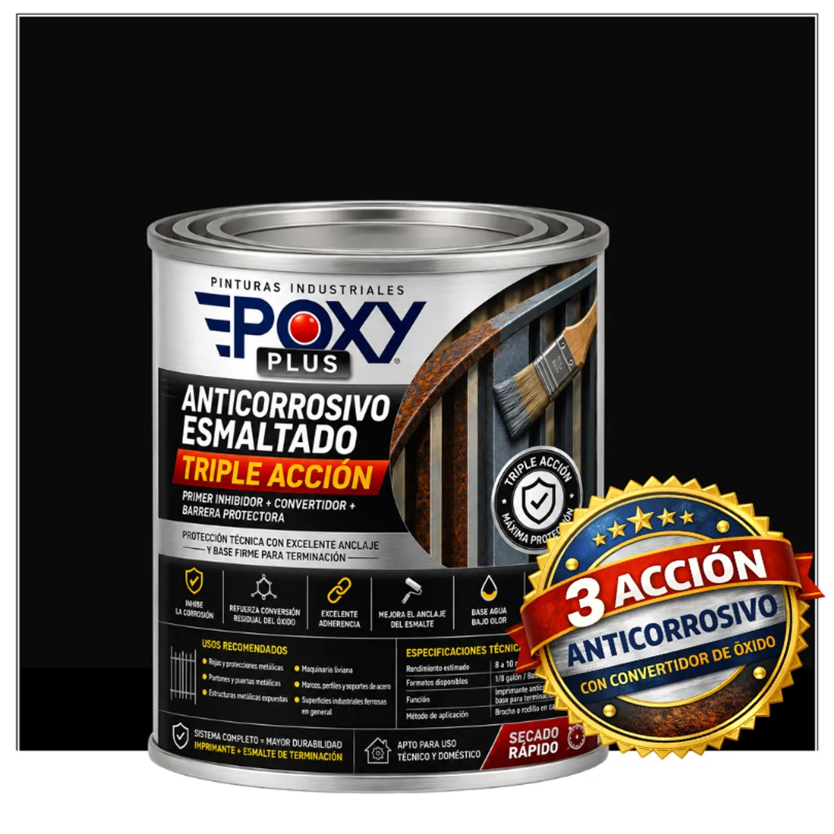 EPOXY - Anticorrosivo Profesional 3 en 1 - Directo sobre Óxido - 1-8 GALÓN -  NEGRO INTENSO