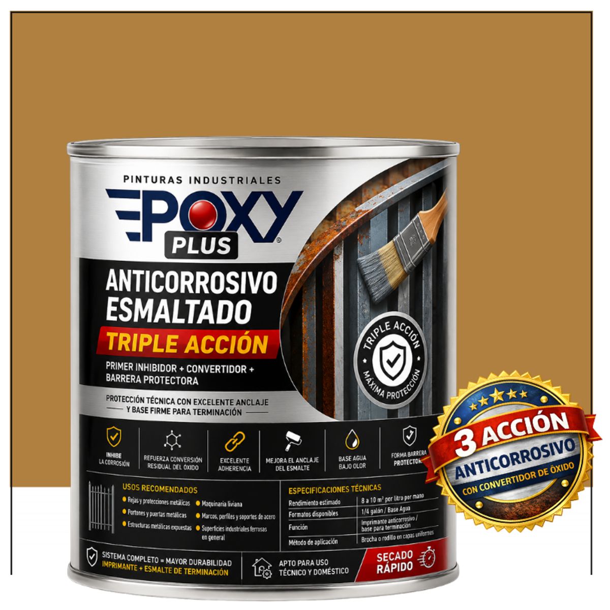 EPOXY - Anticorrosivo Profesional 3 en 1 - Directo sobre Óxido - 1-4 GALÓN -  MARRÓN BEIGE