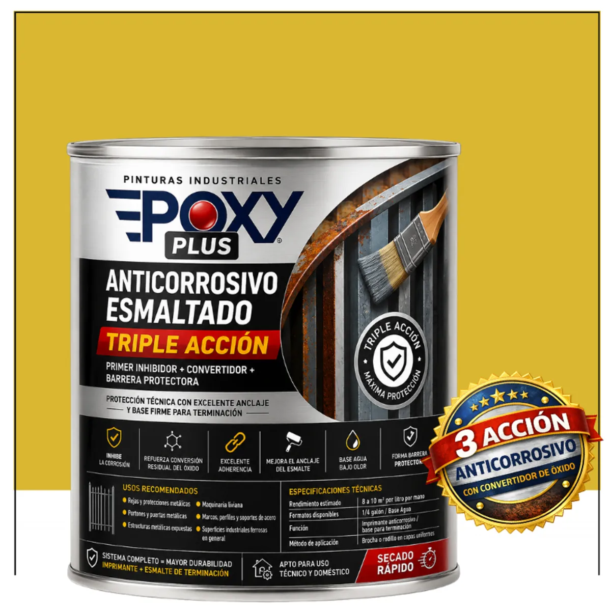 EPOXY - Anticorrosivo Profesional 3 en 1 - Directo sobre Óxido - 1-4 GALÓN -  AMARILLO LIMÓN