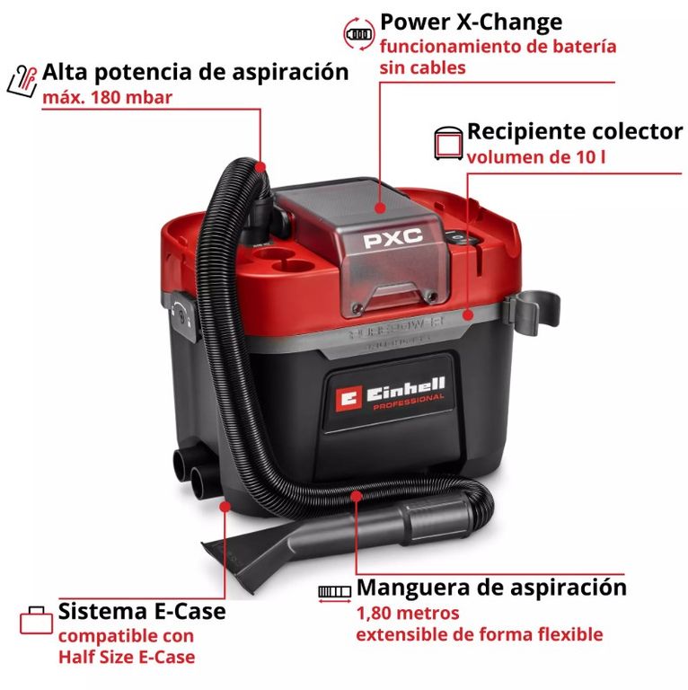 EINHELL ASPIRADORA DE POLVO Y AGUA INALÁMBRICA 18V - 10 L - 180 MBAR - 1.8 M - 36 MM