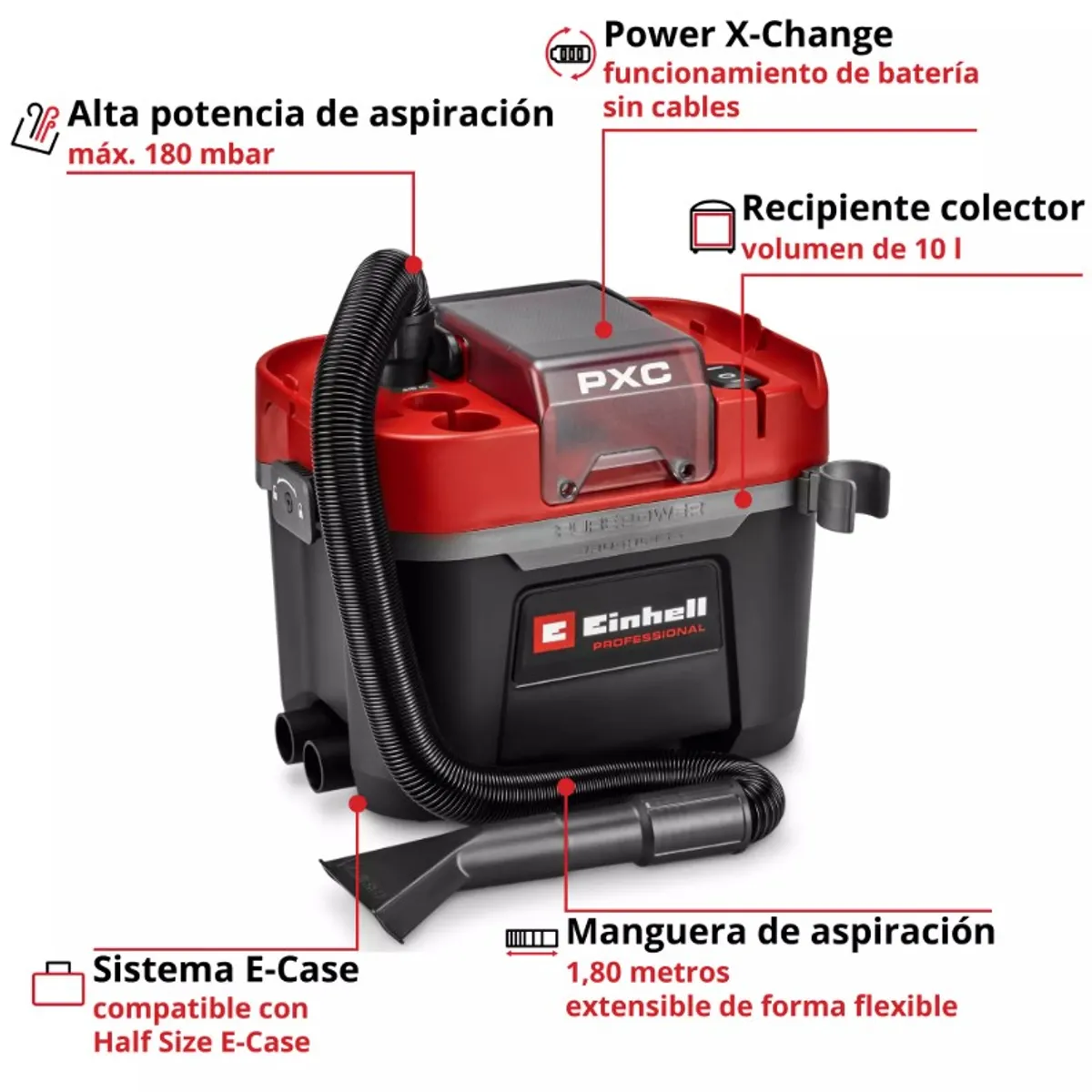 EINHELL - ASPIRADORA DE POLVO Y AGUA INALÁMBRICA 18V - 10 L - 180 MBAR - 1.8 M - 36 MM