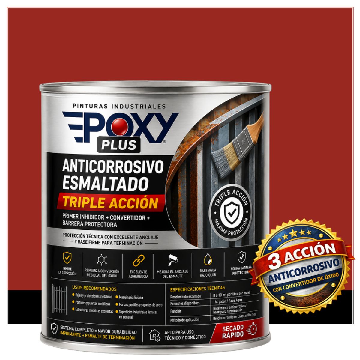 EPOXY - Anticorrosivo Profesional 3 en 1 - Directo sobre Óxido - 1-4 GALÓN -  ROJO TOMATE