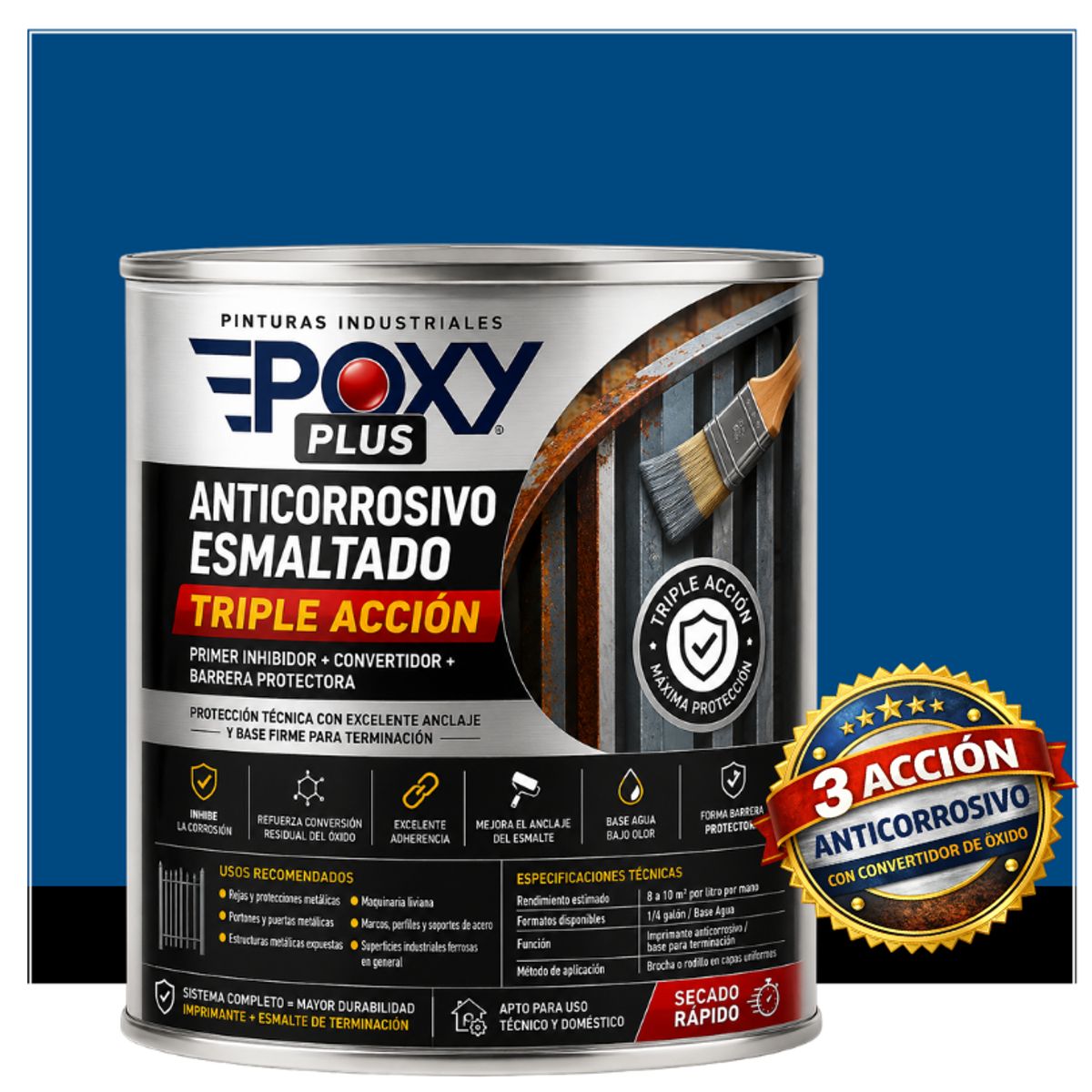 EPOXY - Anticorrosivo Profesional 3 en 1 - Directo sobre Óxido - 1-4 GALÓN -  AZUL GENCIANA