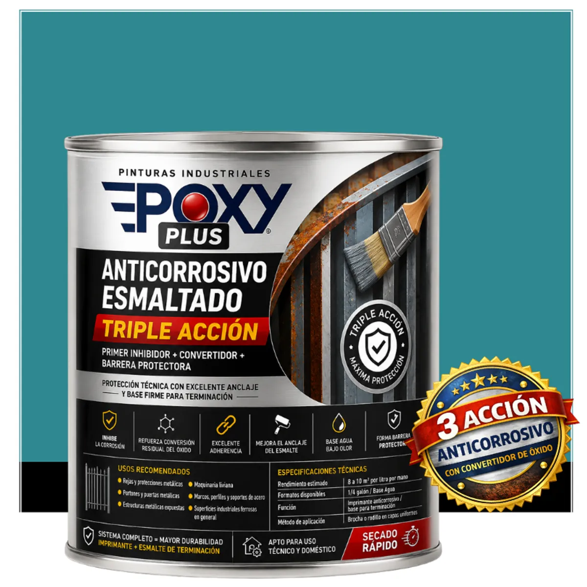 EPOXY - Anticorrosivo Profesional 3 en 1 - Directo sobre Óxido - 1-4 GALÓN -  AZUL TURQUESA