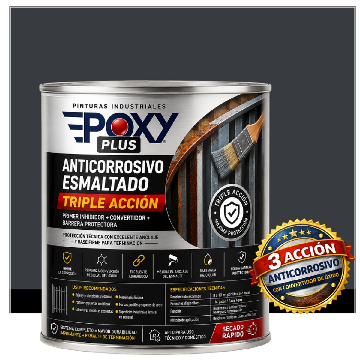 EPOXY - Anticorrosivo Profesional 3 en 1 - Directo sobre Óxido - 1-4 GALÓN -  GRIS ANTRACITA