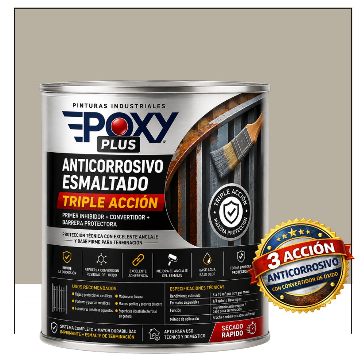 EPOXY - Anticorrosivo Profesional 3 en 1 - Directo sobre Óxido - 1-4 GALÓN -  GRIS SEDA