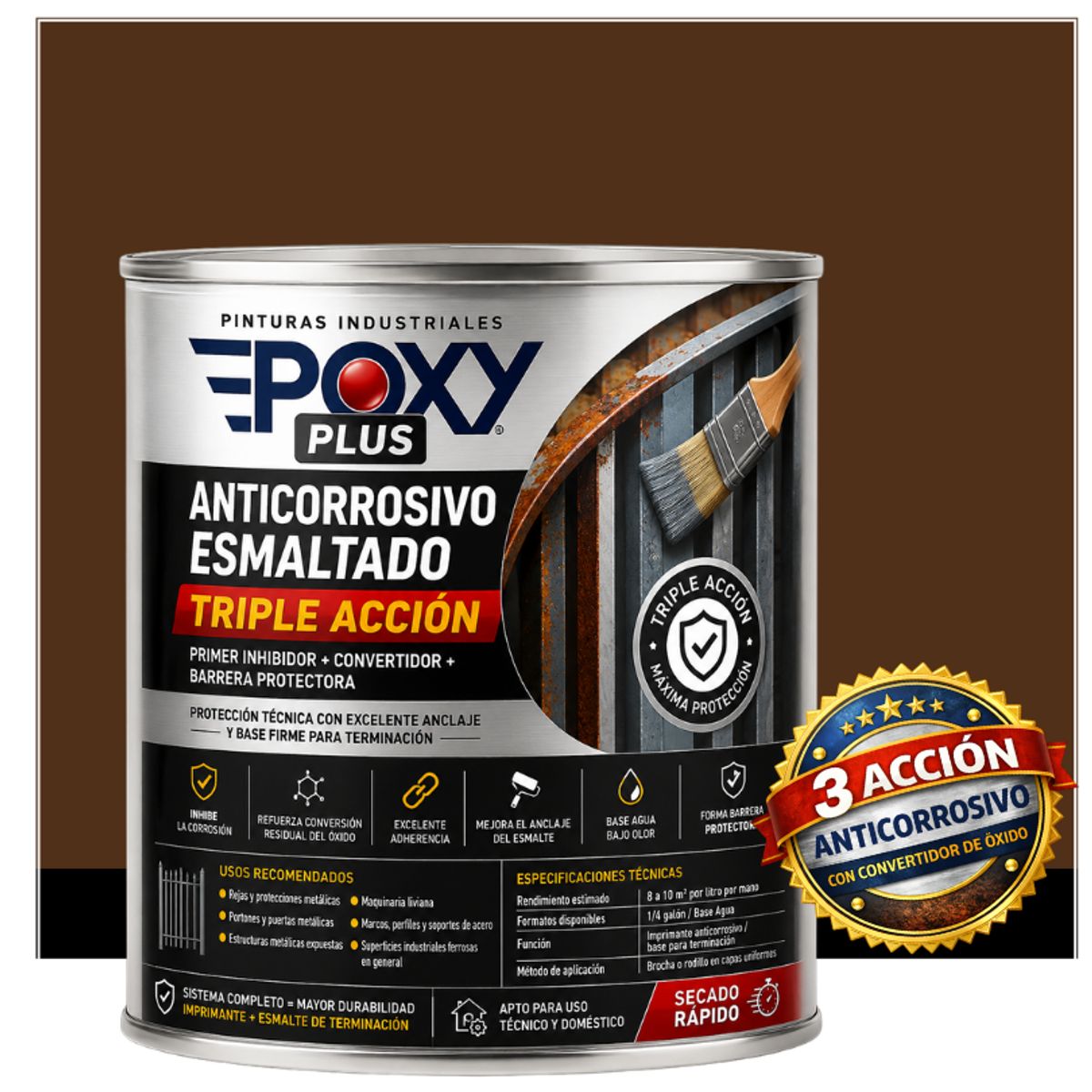EPOXY - Anticorrosivo Profesional 3 en 1 - Directo sobre Óxido - 1-4 GALÓN -  MARRÓN NOGAL