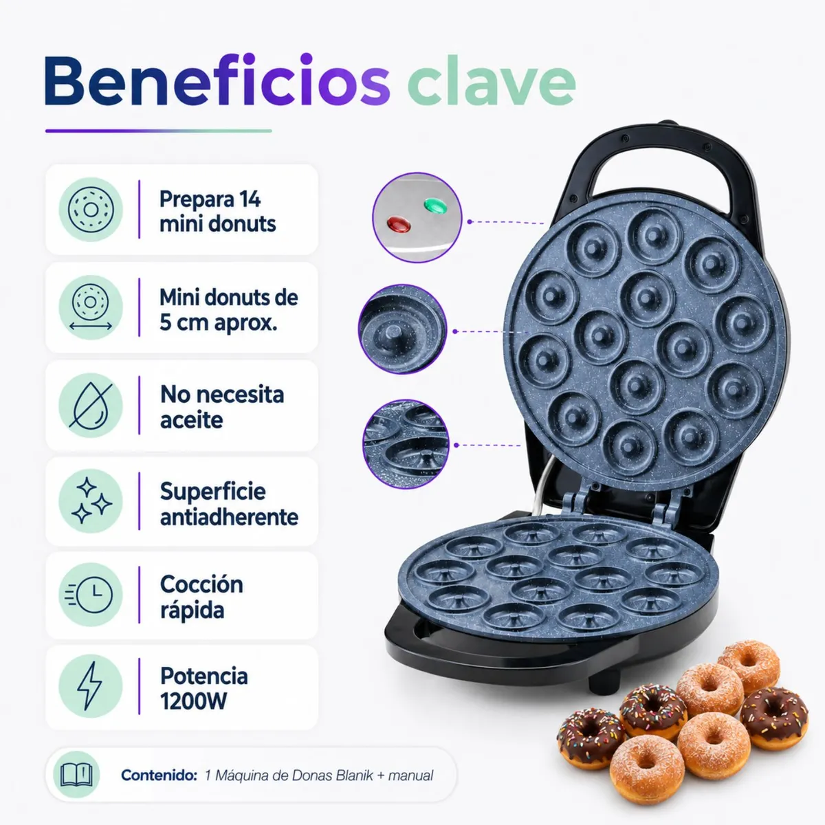 BLANIK - Maquina Mini Donas Donuts Maker Blanik Bdm04 Antiadherente