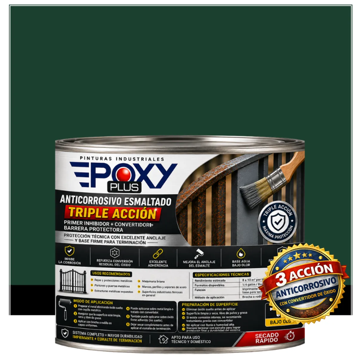 EPOXY - Anticorrosivo Profesional 3 en 1 - Directo sobre Óxido - 1-2 GALÓN -  VERDE MUSGO