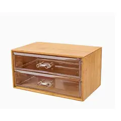 GENERICO - Caja de almacenamiento de bambú con dos cajones – 18,5 × 10,5 × 9,5 cm