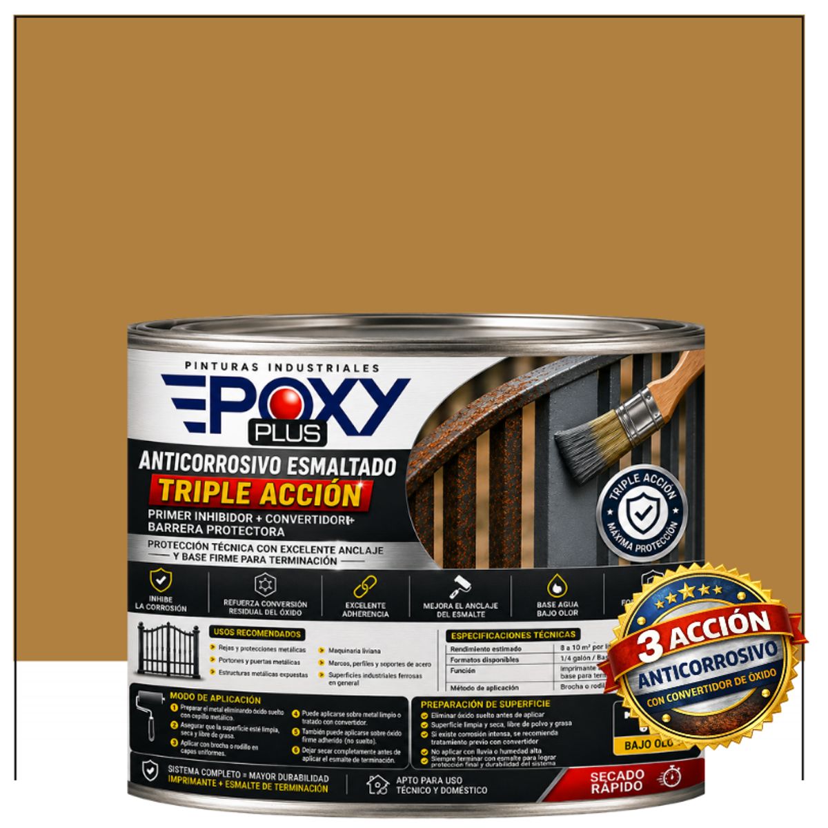 EPOXY - Anticorrosivo Profesional 3 en 1 - Directo sobre Óxido - 1-2 GALÓN -  MARRÓN BEIGE