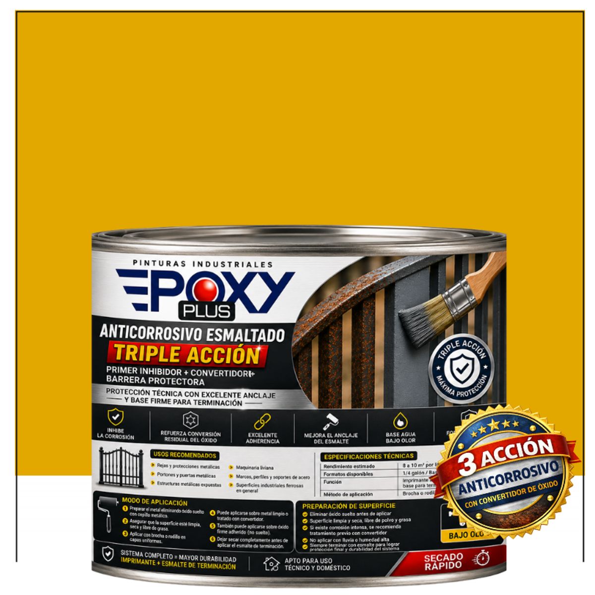 EPOXY - Anticorrosivo Profesional 3 en 1 - Directo sobre Óxido - 1-2 GALÓN -  AMARILLO RETAMA