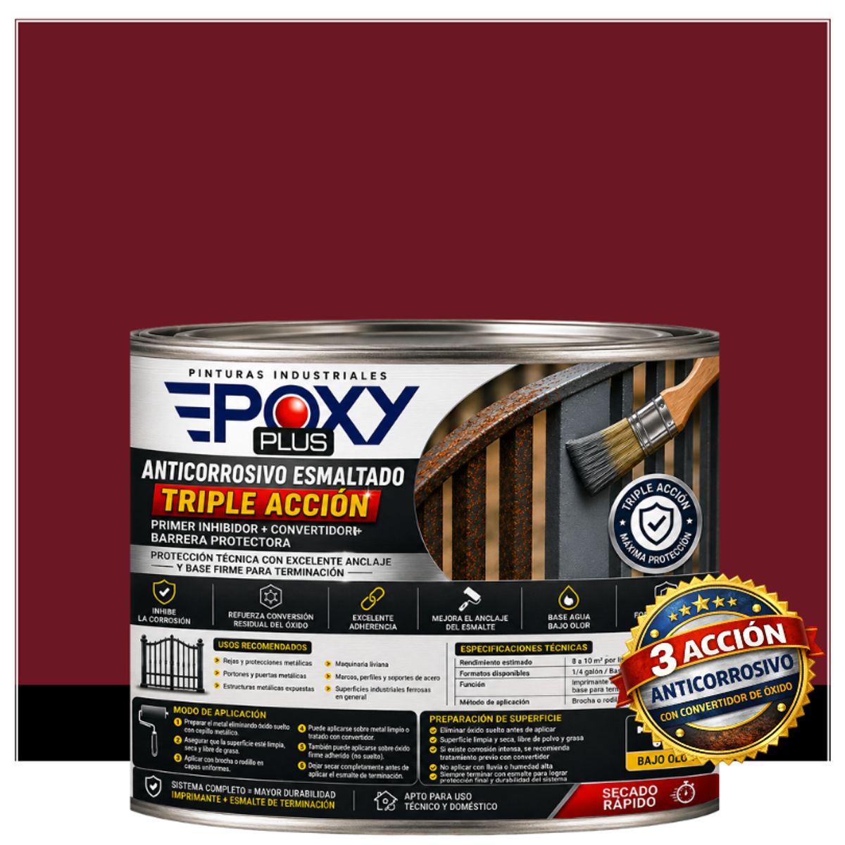 EPOXY - Anticorrosivo Profesional 3 en 1 - Directo sobre Óxido - 1-2 GALÓN -  ROJO PÚRPURA