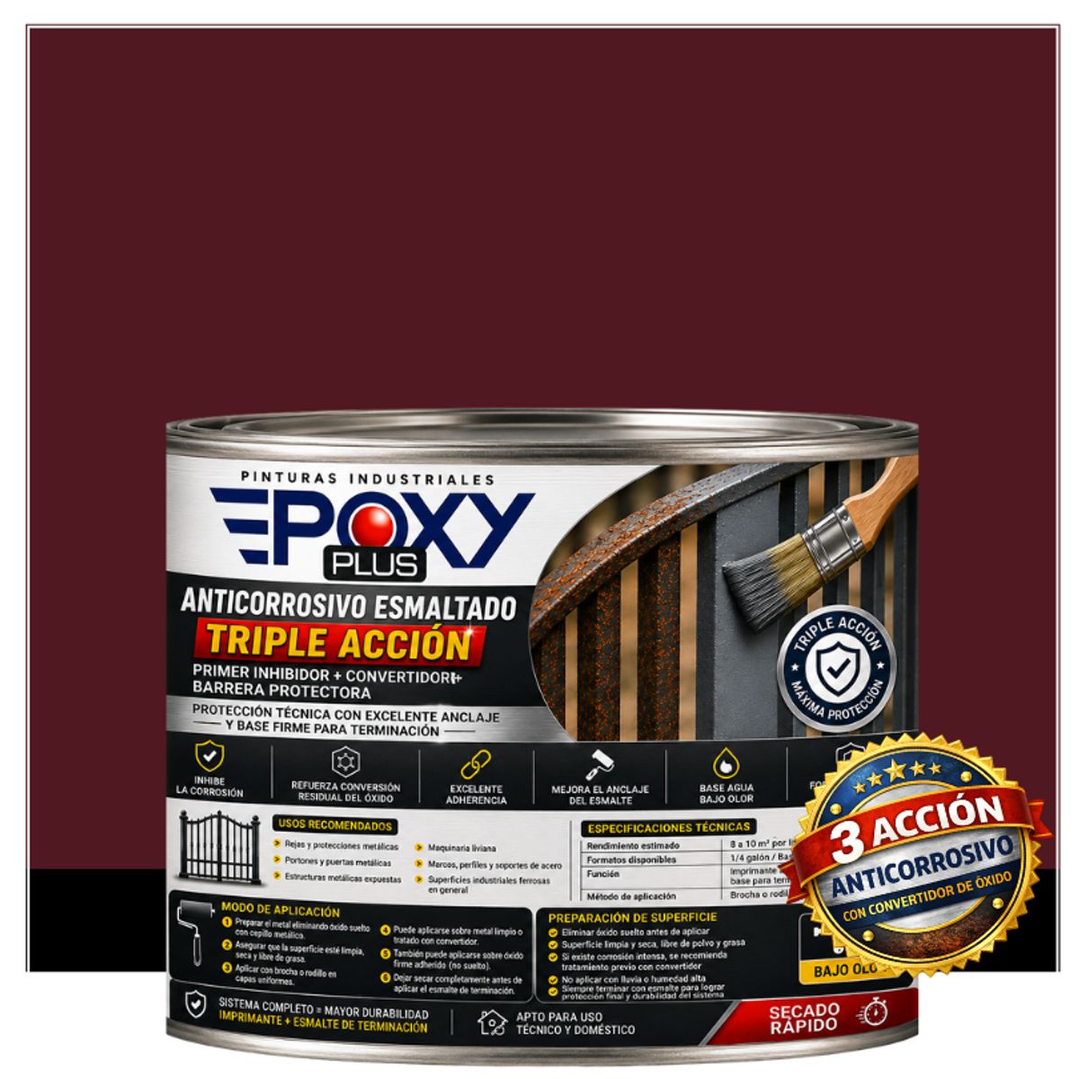 EPOXY - Anticorrosivo Profesional 3 en 1 - Directo sobre Óxido - 1-2 GALÓN -  ROJO VINO