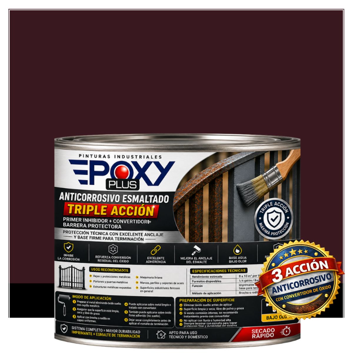 EPOXY - Anticorrosivo Profesional 3 en 1 - Directo sobre Óxido - 1-2 GALÓN -  ROJO NEGRO