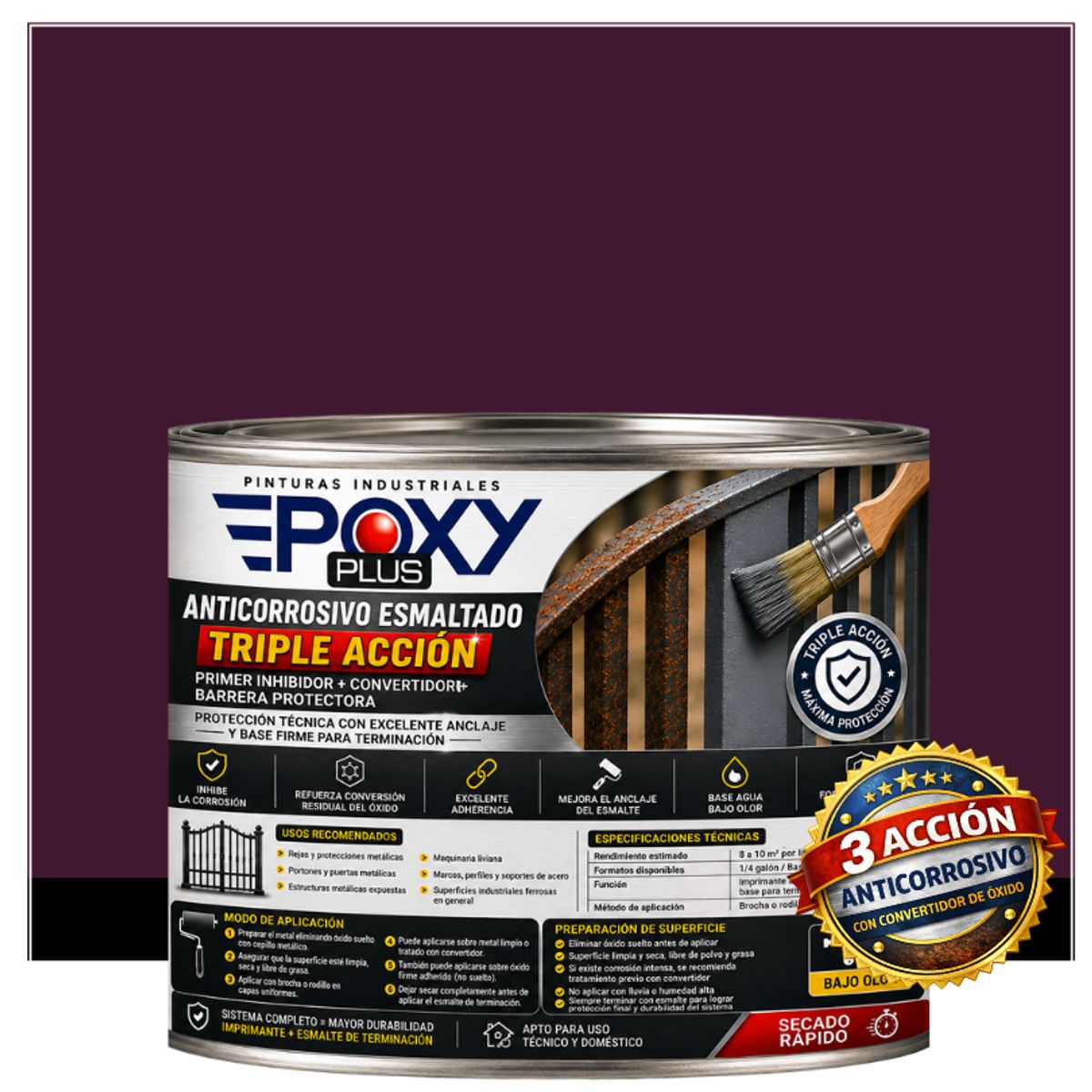 EPOXY - Anticorrosivo Profesional 3 en 1 - Directo sobre Óxido - 1-2 GALÓN -  VIOLETA PÚRPURA