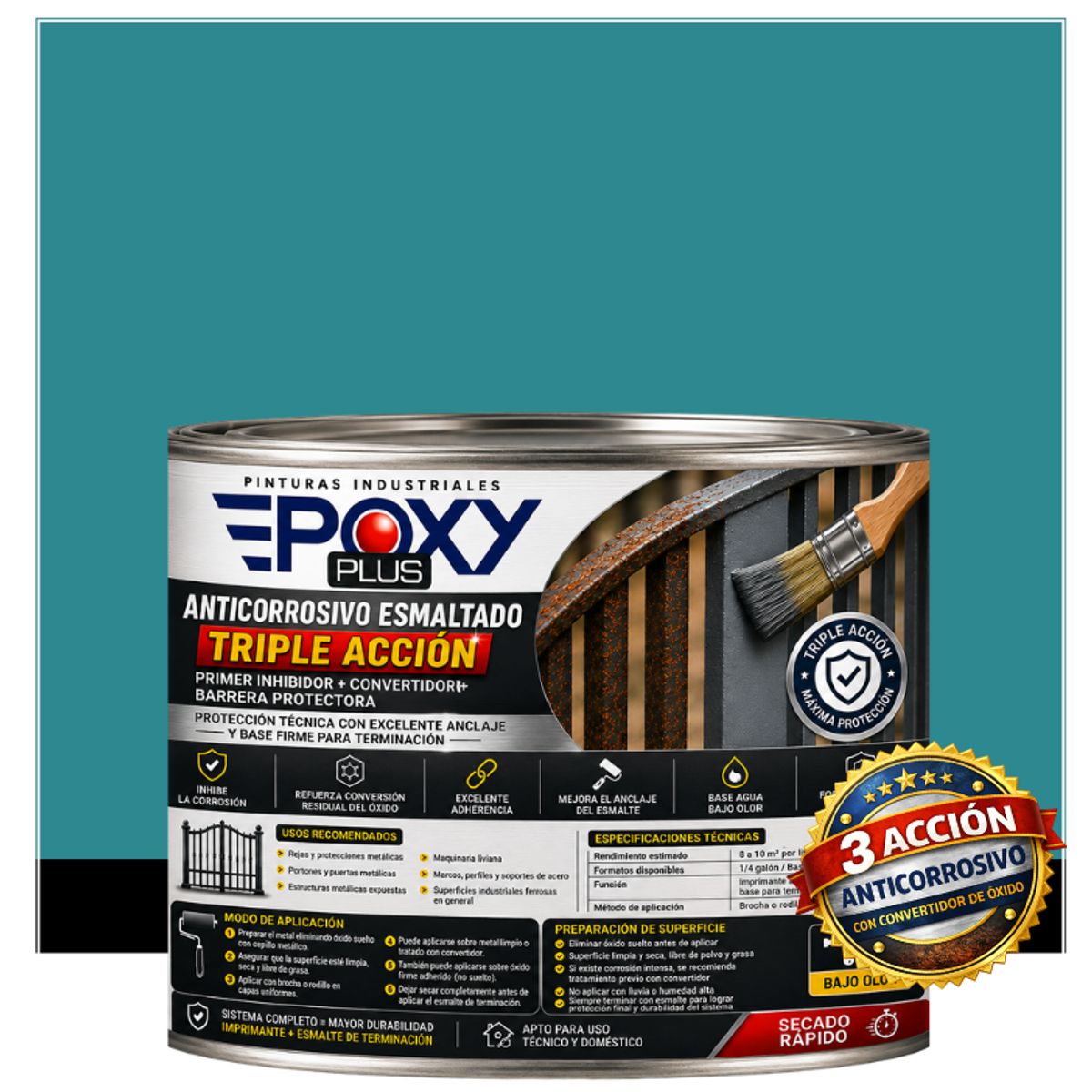 EPOXY - Anticorrosivo Profesional 3 en 1 - Directo sobre Óxido - 1-2 GALÓN -  AZUL TURQUESA