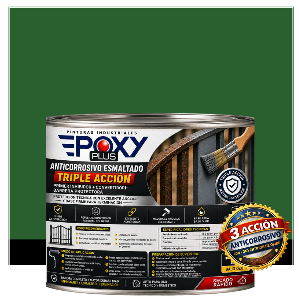 EPOXY - Anticorrosivo Profesional 3 en 1 - Directo sobre Óxido - 1-2 GALÓN -  VERDE HOJA