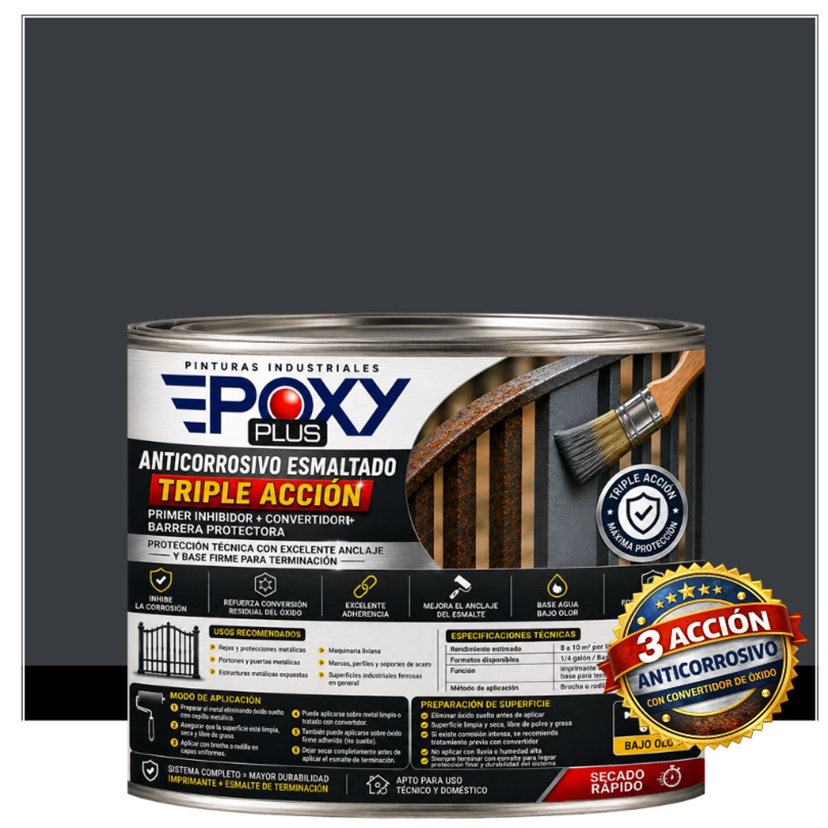 EPOXY - Anticorrosivo Profesional 3 en 1 - Directo sobre Óxido - 1-2 GALÓN -  GRIS ANTRACITA