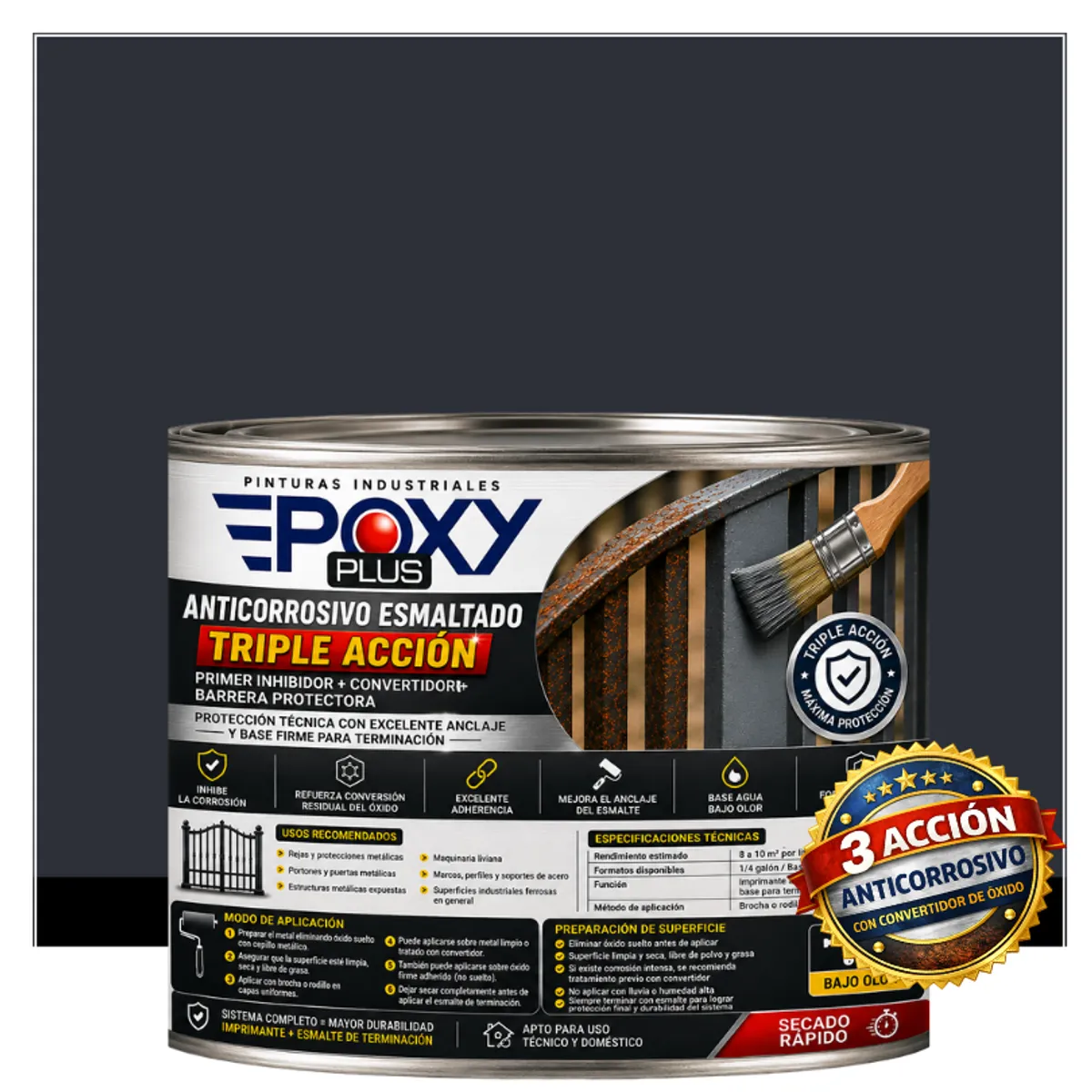 EPOXY - Anticorrosivo Profesional 3 en 1 - Directo sobre Óxido - 1-2 GALÓN -  GRIS NEGRO