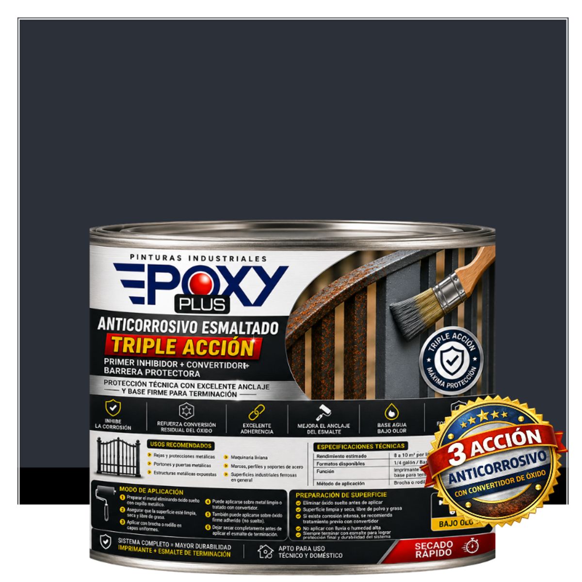 EPOXY - Anticorrosivo Profesional 3 en 1 - Directo sobre Óxido - 1-2 GALÓN -  GRIS NEGRO