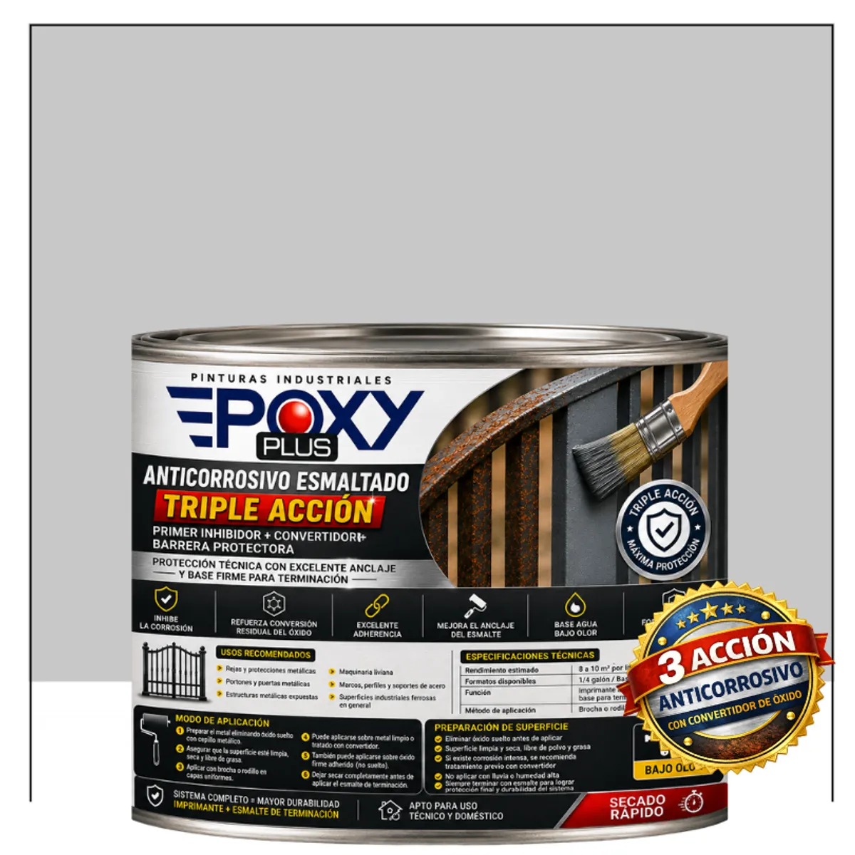 EPOXY - Anticorrosivo Profesional 3 en 1 - Directo sobre Óxido - 1-2 GALÓN -  GRIS CLARO