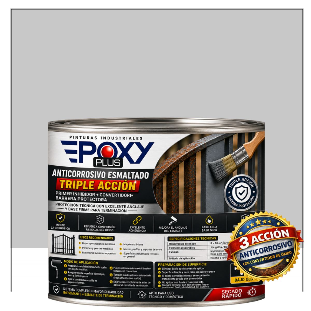 EPOXY - Anticorrosivo Profesional 3 en 1 - Directo sobre Óxido - 1-2 GALÓN -  GRIS CLARO