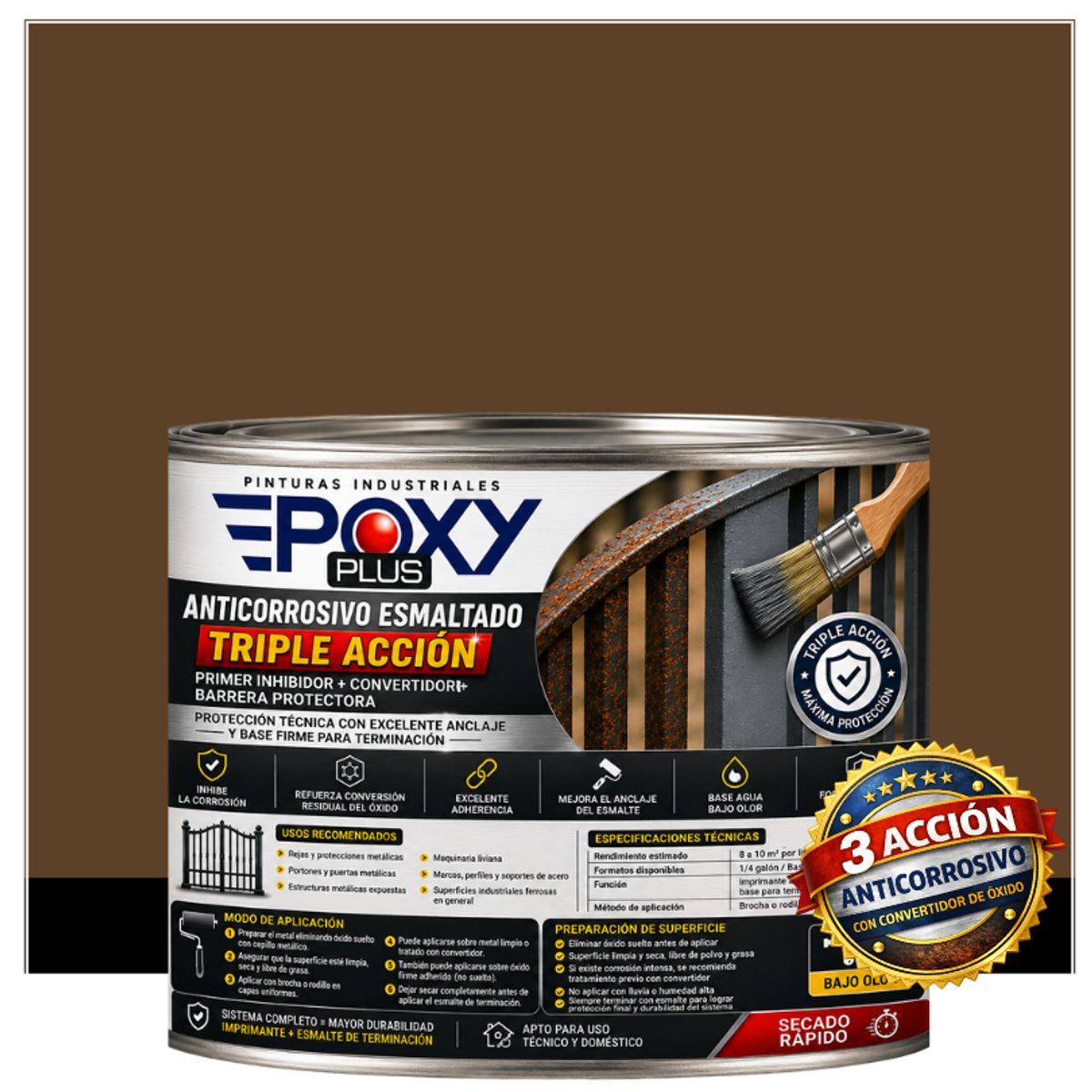 EPOXY - Anticorrosivo Profesional 3 en 1 - Directo sobre Óxido - 1-2 GALÓN - MARRÓN TIERRA