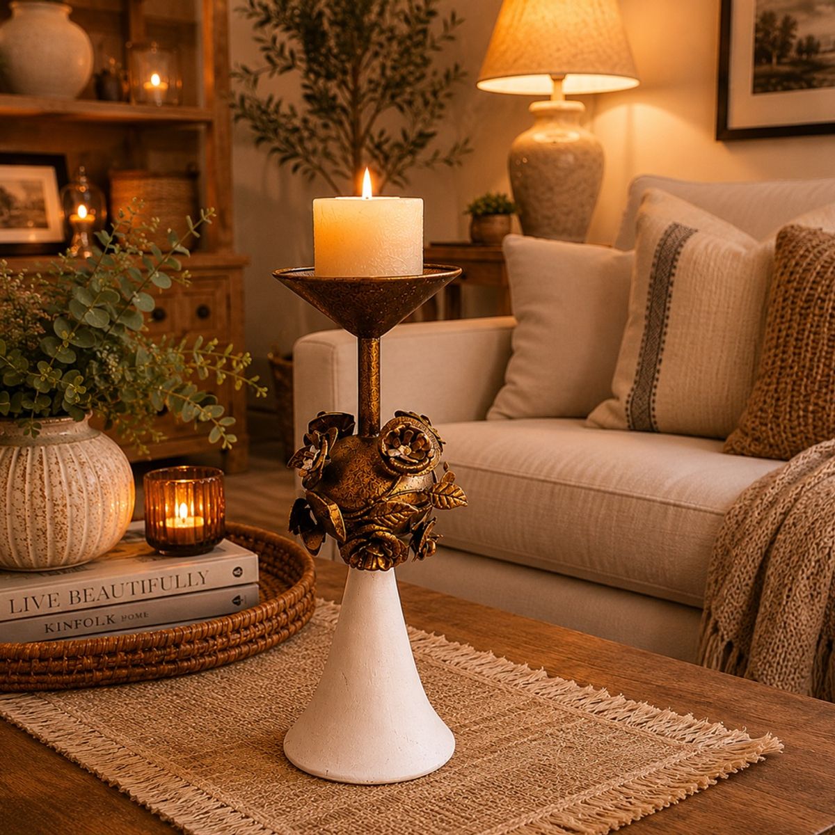 GENERICO - Candelabro Decorativo Blanco con Flores Metálicas Vintage