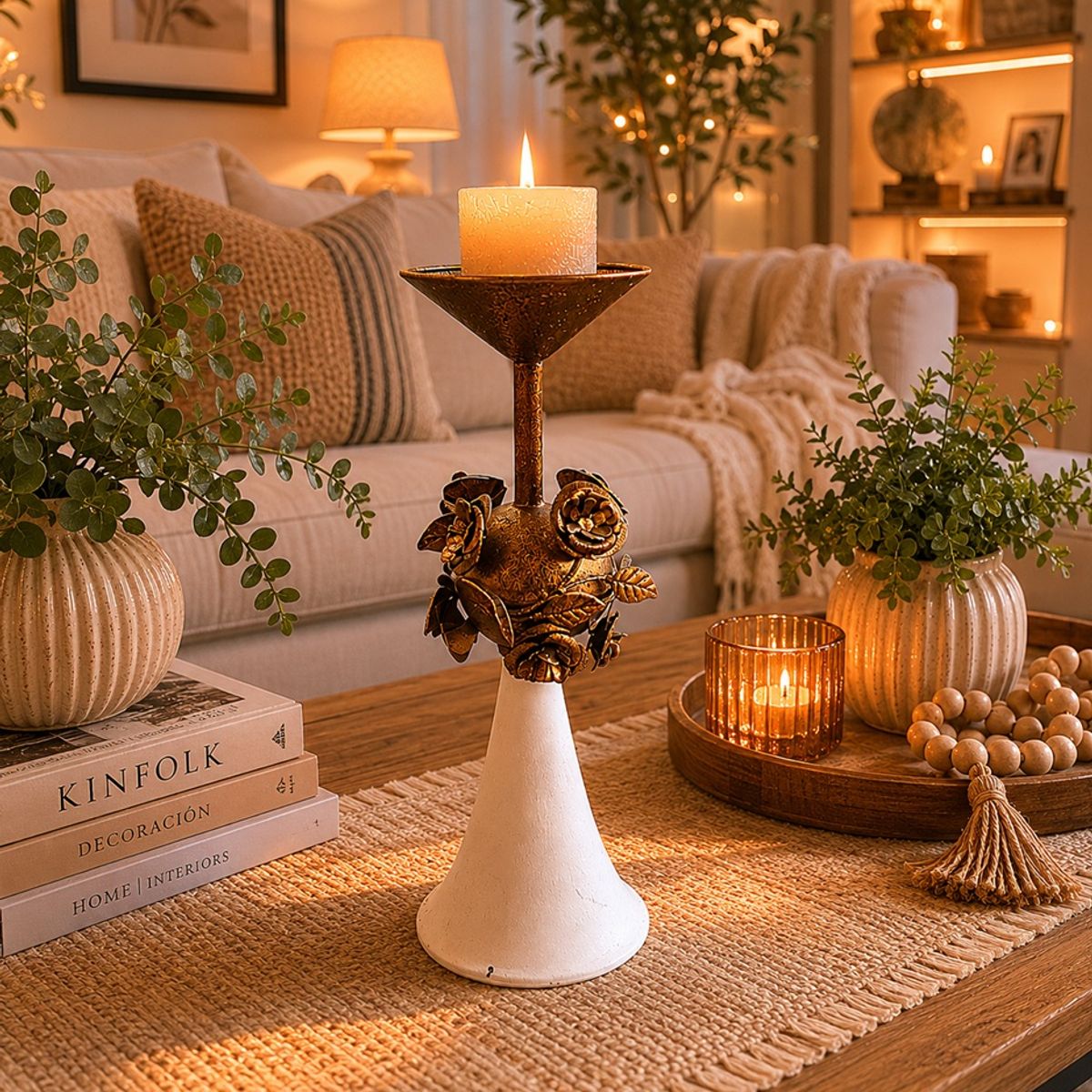 GENERICO - Candelabro Decorativo Blanco con Flores Metálicas Vintage