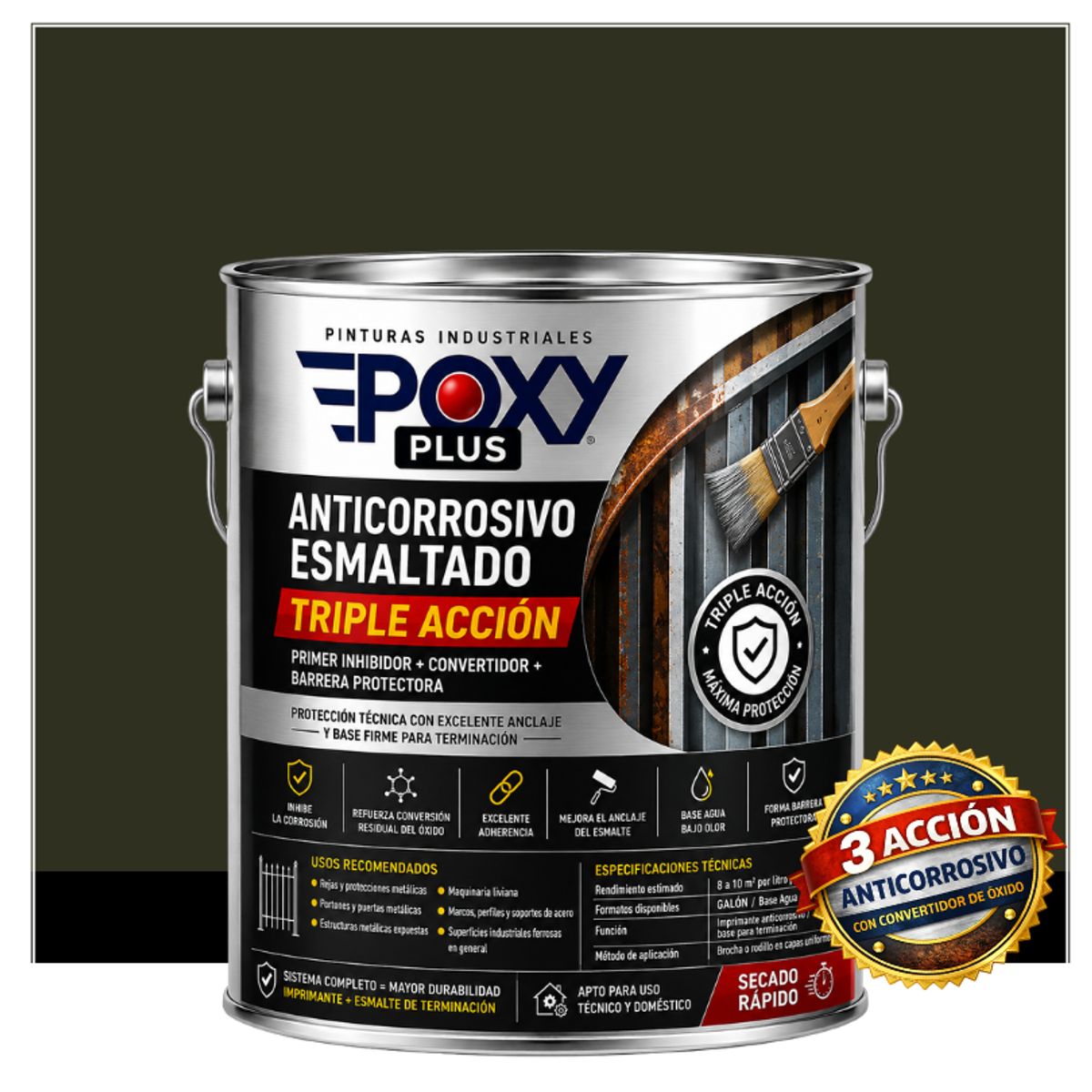 EPOXY - Anticorrosivo Profesional 3 en 1 - Directo sobre Óxido -  GALÓN -  VERDE MARRÓN