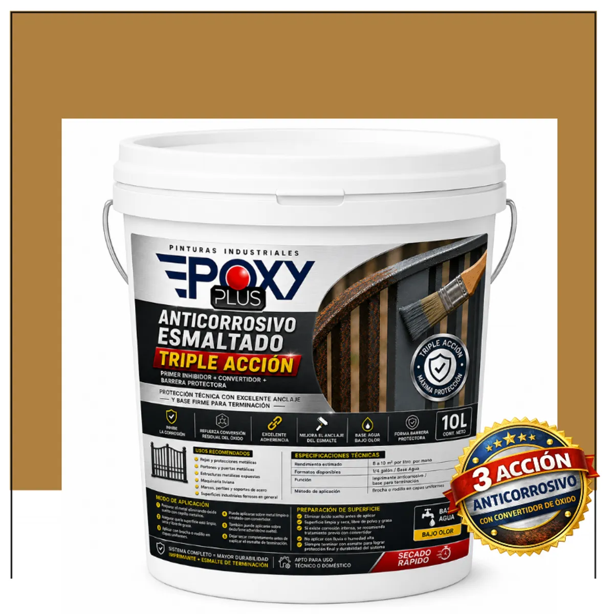 EPOXY - Anticorrosivo Profesional 3 en 1 - Directo sobre Óxido -  TINETA 10 LITROS -  MARRÓN BEIGE