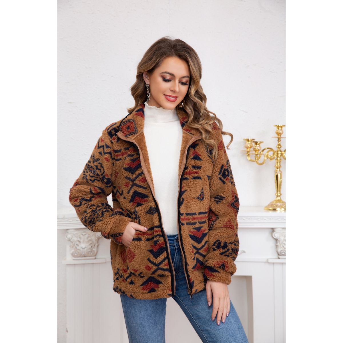 LIKE SHOP - Polerón Étnico Mujer Invierno Interior Chiporro Cierre 6099
